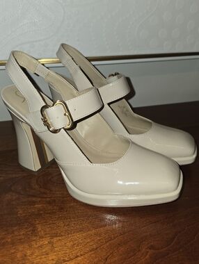 Sam Edelman Cream Patent Slingback Mary Jane Heels with Gold Buckle